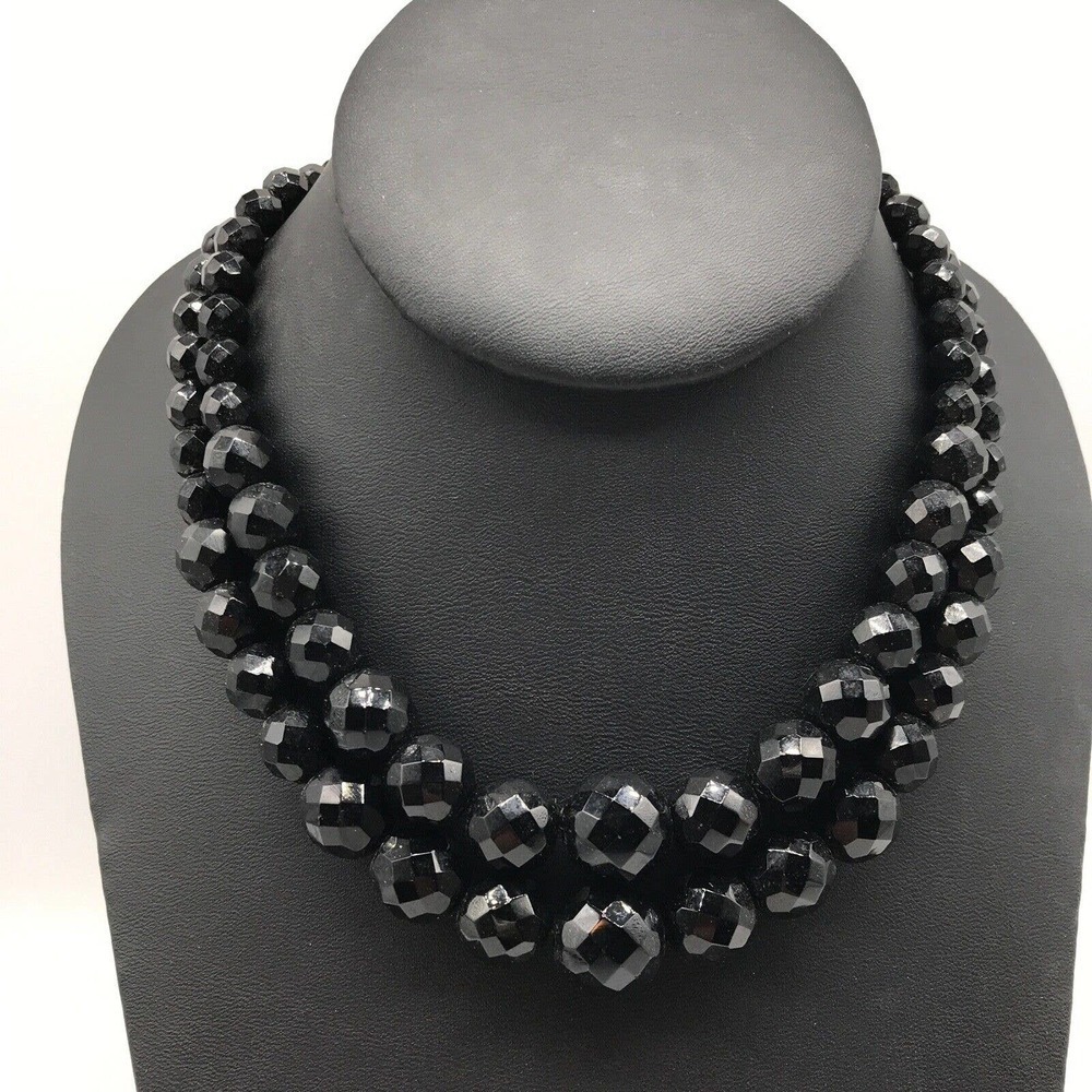 Vintage Antique Black Jet Faceted Glass Graduated Bead Double Strand Necklace